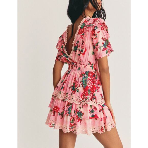 LoveShackFancy Aldina Mini Dress Pink Desert Floral Tiered Crochet SZ XS NWT - Picture 4 of 8